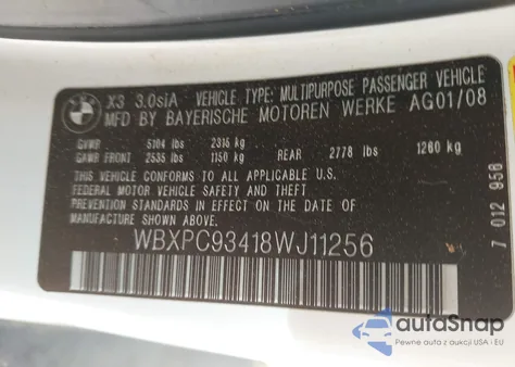2008 BMW X3 3.0Si from USA, damaged, VIN WBXPC93418WJ11256